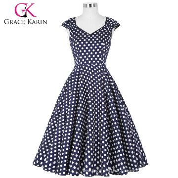 Grace Karin Stock sans manches V-Neck Polka Dots Pattern Navy Cotton Retro Vintage Dress CL007600-7